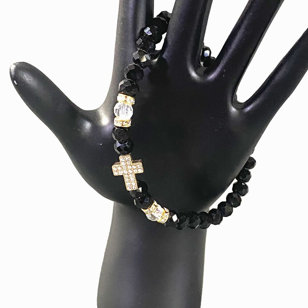 Metallic Black Cross Charm Bracelet Octagon Beads Multicolor Stretch - Picture 2 of 10